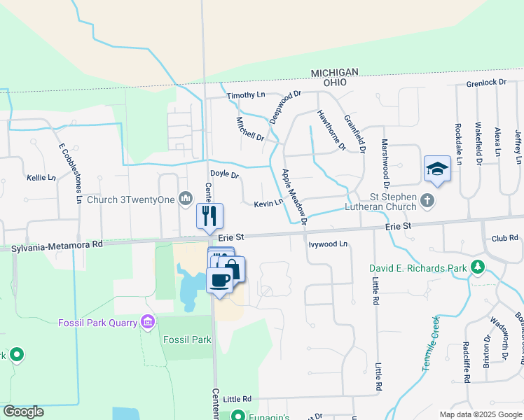 map of restaurants, bars, coffee shops, grocery stores, and more near 8144 Erie Street in Sylvania