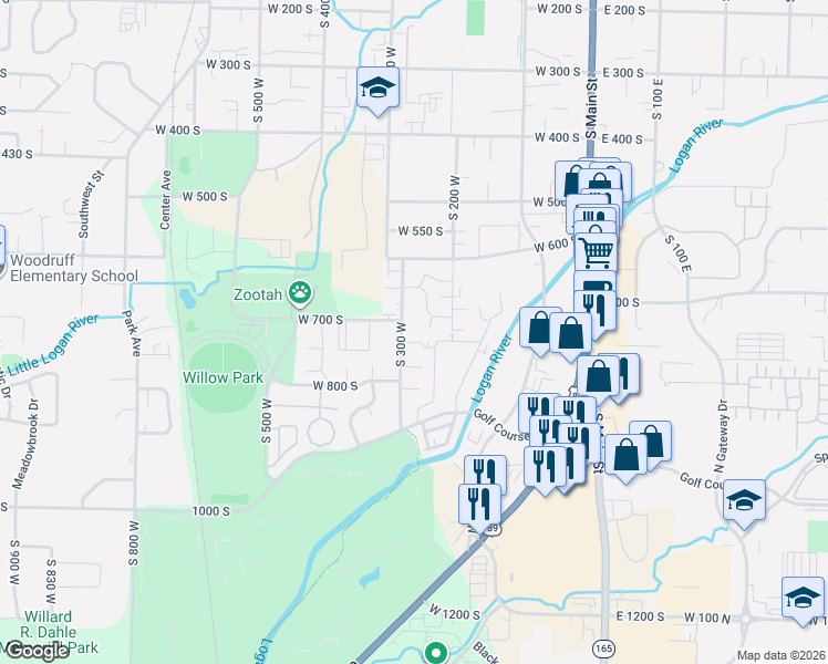 map of restaurants, bars, coffee shops, grocery stores, and more near 279 West 750 South in Logan