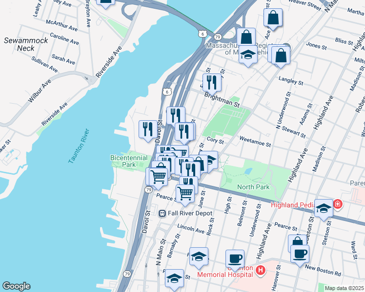 map of restaurants, bars, coffee shops, grocery stores, and more near 42 North Court Street in Fall River