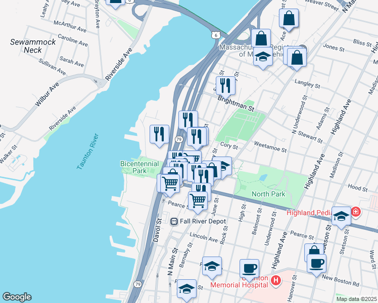 map of restaurants, bars, coffee shops, grocery stores, and more near 42 North Court Street in Fall River