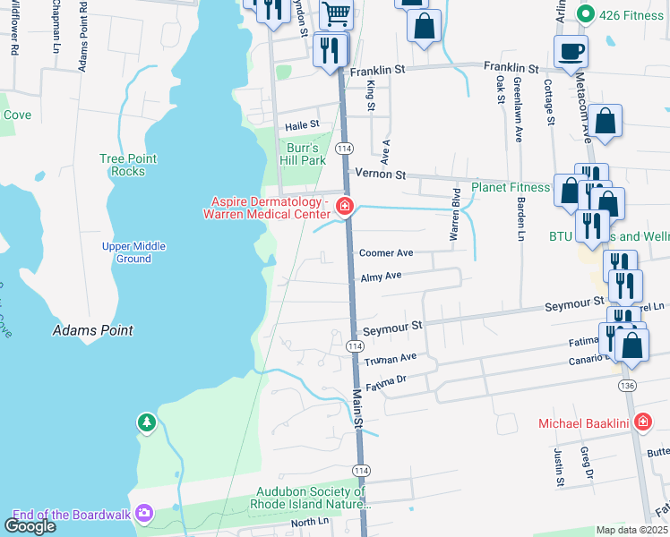 map of restaurants, bars, coffee shops, grocery stores, and more near 9 Bradbury Street in Warren