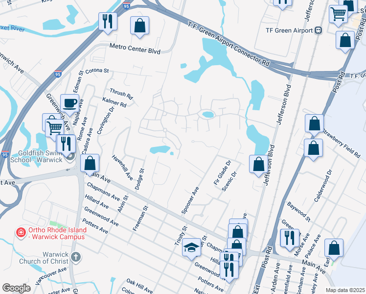 map of restaurants, bars, coffee shops, grocery stores, and more near 57 Ashwood Circle in Warwick