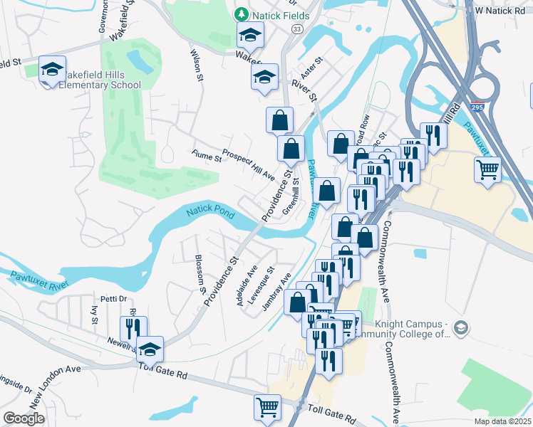 map of restaurants, bars, coffee shops, grocery stores, and more near 650 Providence Street in West Warwick