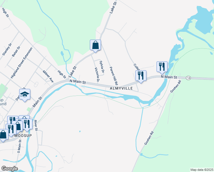 map of restaurants, bars, coffee shops, grocery stores, and more near 480 North Main Street in Plainfield
