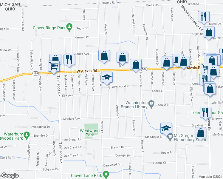 map of restaurants, bars, coffee shops, grocery stores, and more near 5658 Harschel Drive in Toledo