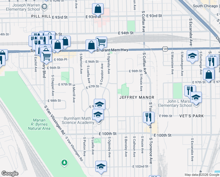 map of restaurants, bars, coffee shops, grocery stores, and more near 9723 South Oglesby Avenue in Chicago