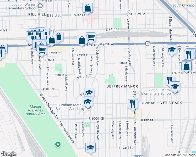 map of restaurants, bars, coffee shops, grocery stores, and more near 9723 South Oglesby Avenue in Chicago
