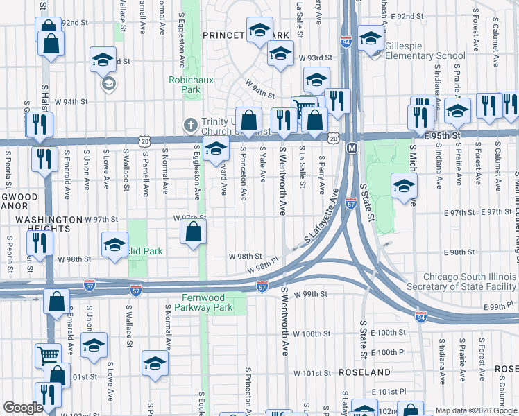 map of restaurants, bars, coffee shops, grocery stores, and more near 9656 South Yale Avenue in Chicago