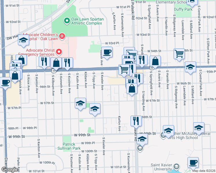 map of restaurants, bars, coffee shops, grocery stores, and more near 9609 South Keeler Avenue in Oak Lawn
