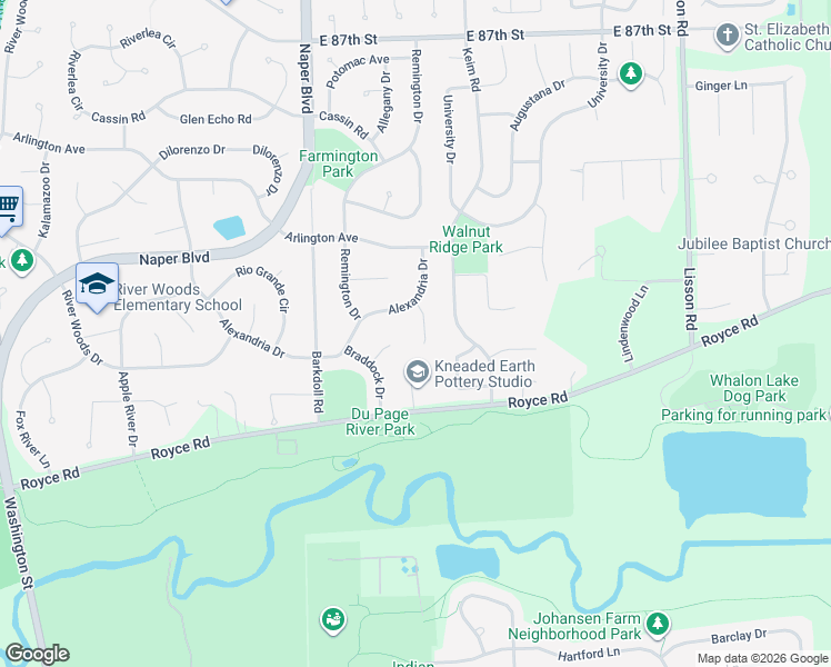map of restaurants, bars, coffee shops, grocery stores, and more near 2423 Thaxton Court in Naperville