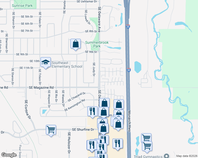 map of restaurants, bars, coffee shops, grocery stores, and more near 1305 Southeast Delaware Avenue in Ankeny