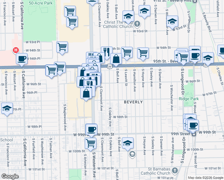 map of restaurants, bars, coffee shops, grocery stores, and more near 9637 South Oakley Avenue in Chicago