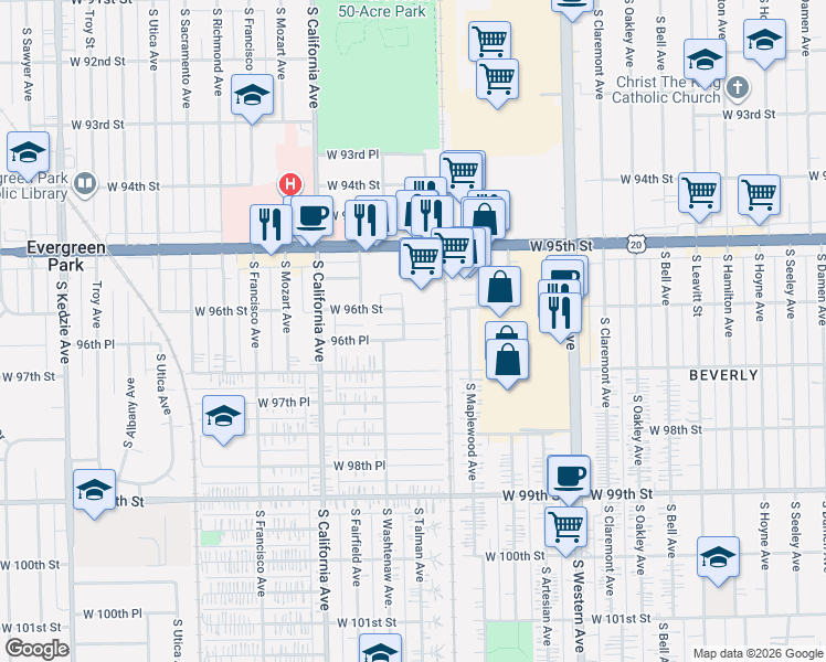 map of restaurants, bars, coffee shops, grocery stores, and more near 2626 96th Place in Evergreen Park