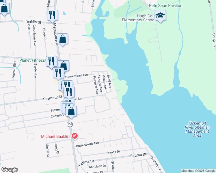 map of restaurants, bars, coffee shops, grocery stores, and more near 46 Laurel Lane in Warren