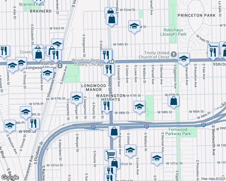 map of restaurants, bars, coffee shops, grocery stores, and more near 9641 South Halsted Street in Chicago