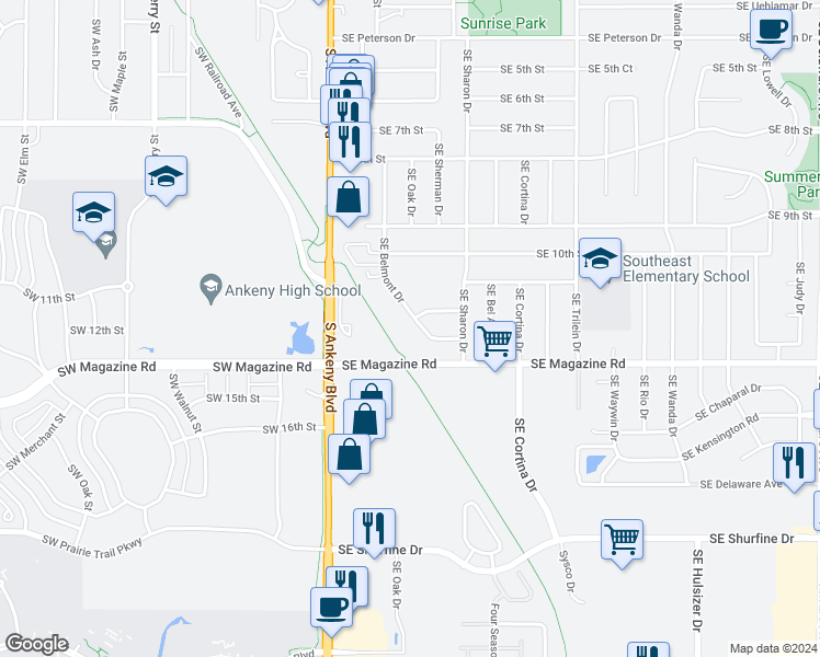 map of restaurants, bars, coffee shops, grocery stores, and more near 1202 Southeast Belmont Drive in Ankeny