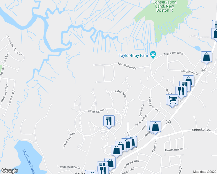 map of restaurants, bars, coffee shops, grocery stores, and more near 34 Marshside Drive in Yarmouth