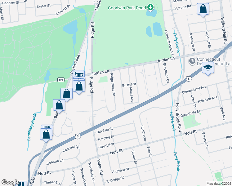 map of restaurants, bars, coffee shops, grocery stores, and more near 77 Ridge Crest Circle in Wethersfield