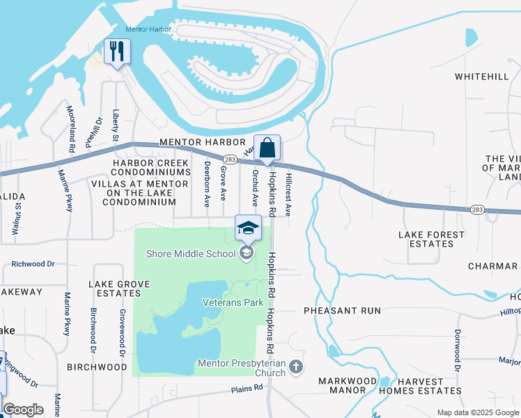 map of restaurants, bars, coffee shops, grocery stores, and more near 8266 Rushton Drive in Mentor