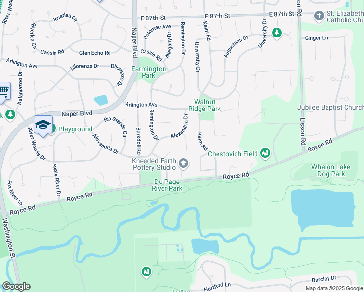 map of restaurants, bars, coffee shops, grocery stores, and more near 2423 Thaxton Court in Naperville