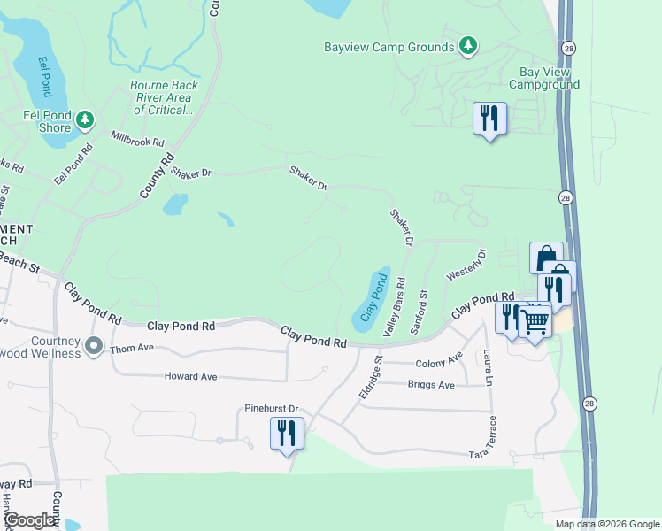 map of restaurants, bars, coffee shops, grocery stores, and more near 20 Round House Road in Bourne