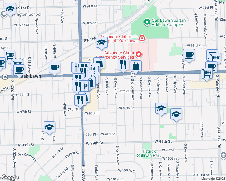 map of restaurants, bars, coffee shops, grocery stores, and more near 9605 South Knox Avenue in Oak Lawn