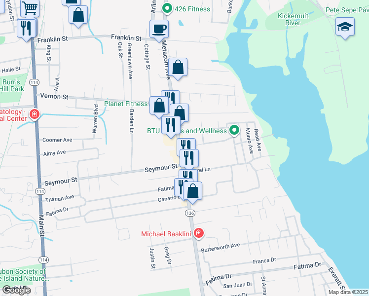 map of restaurants, bars, coffee shops, grocery stores, and more near 628 Metacom Avenue in Warren