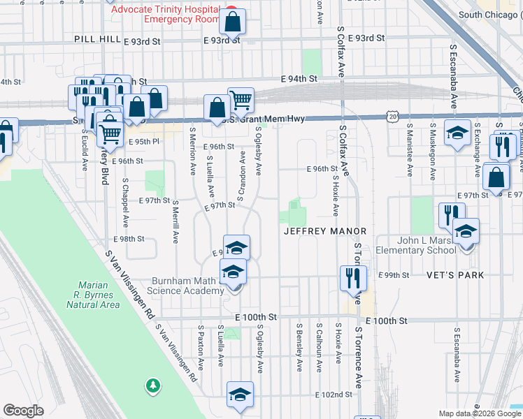 map of restaurants, bars, coffee shops, grocery stores, and more near 9723 South Oglesby Avenue in Chicago