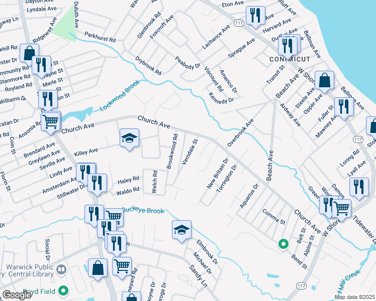 map of restaurants, bars, coffee shops, grocery stores, and more near 57 McKay Court in Warwick