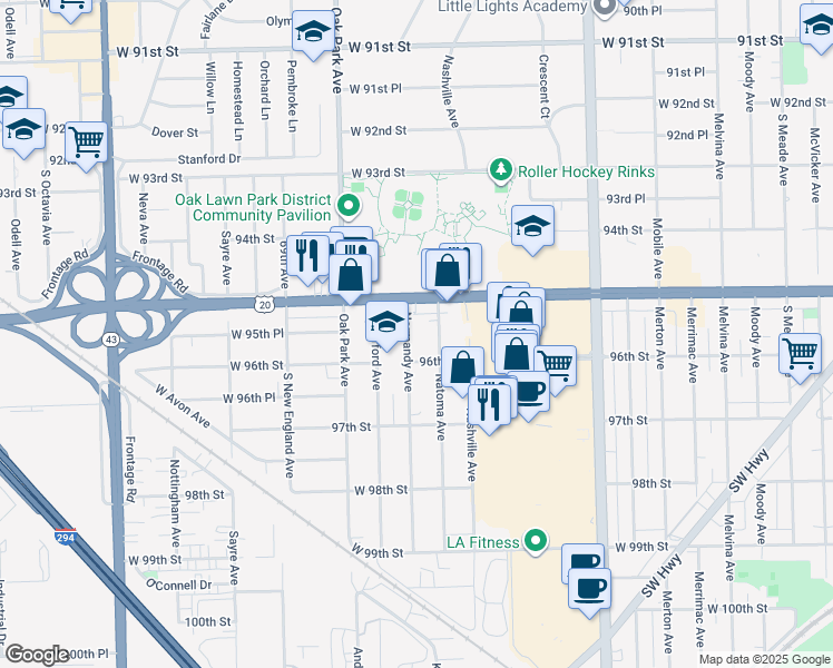 map of restaurants, bars, coffee shops, grocery stores, and more near 9559 Normandy Avenue in Oak Lawn