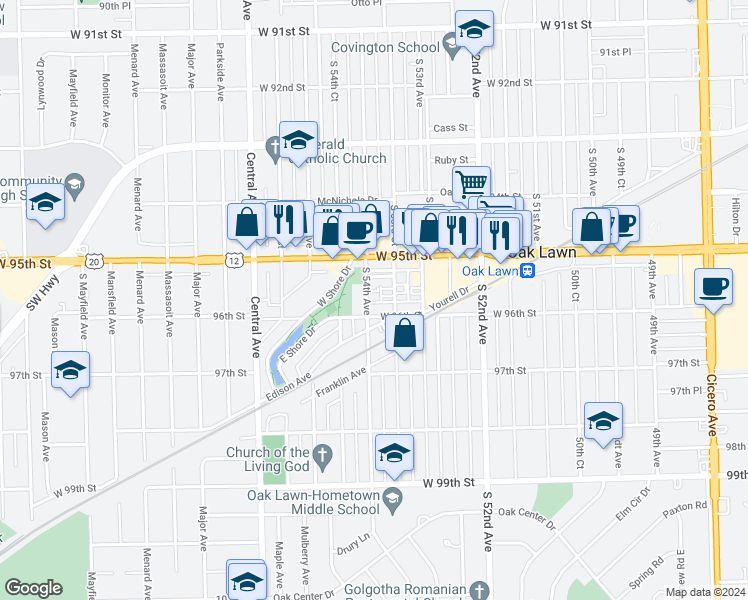 map of restaurants, bars, coffee shops, grocery stores, and more near 9535 South 54th Avenue in Oak Lawn