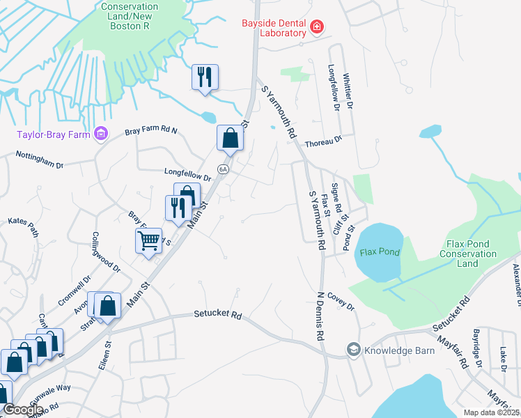 map of restaurants, bars, coffee shops, grocery stores, and more near 8 Marian Way in Dennis