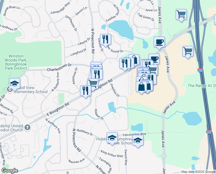 map of restaurants, bars, coffee shops, grocery stores, and more near 654 Preston Drive in Bolingbrook