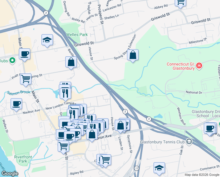 map of restaurants, bars, coffee shops, grocery stores, and more near 119 House Street in Glastonbury