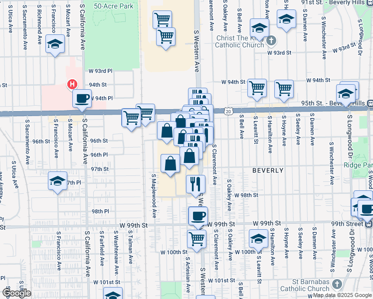 map of restaurants, bars, coffee shops, grocery stores, and more near 9642 South Western Avenue in Evergreen Park