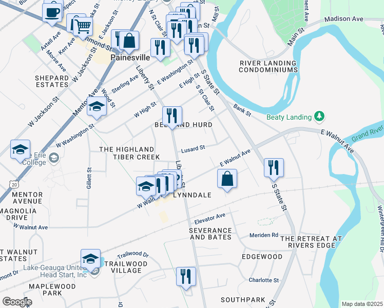 map of restaurants, bars, coffee shops, grocery stores, and more near 78 Lusard Street in Painesville