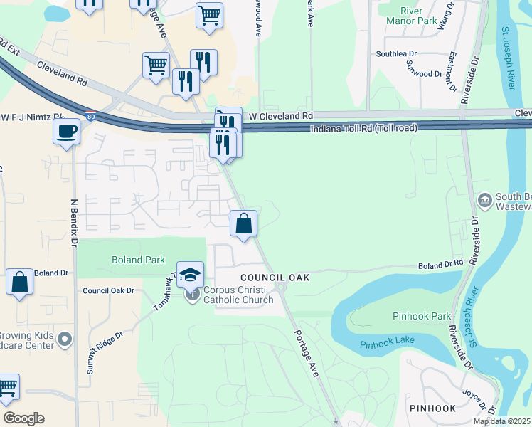 map of restaurants, bars, coffee shops, grocery stores, and more near 3016 Portage Avenue in South Bend