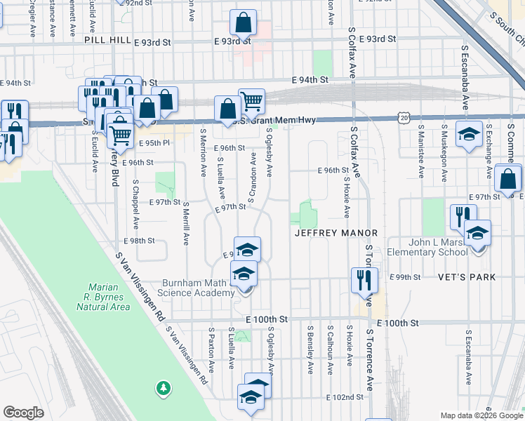 map of restaurants, bars, coffee shops, grocery stores, and more near 9779 South Oglesby Avenue in Chicago