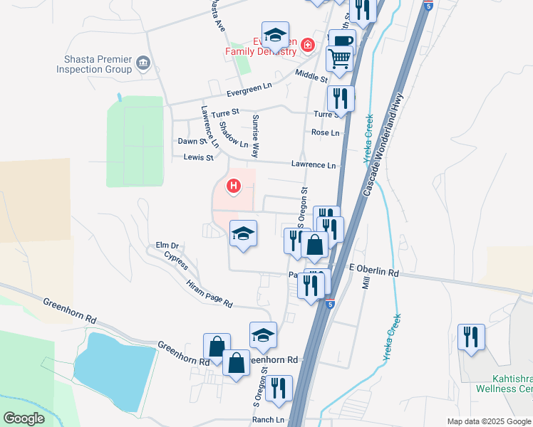 map of restaurants, bars, coffee shops, grocery stores, and more near 351 Bruce Street in Yreka