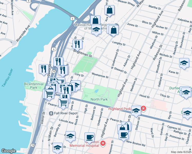 map of restaurants, bars, coffee shops, grocery stores, and more near 1253 North High Street in Fall River