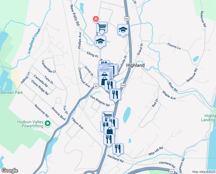 map of restaurants, bars, coffee shops, grocery stores, and more near 2 Fair Street in Highland