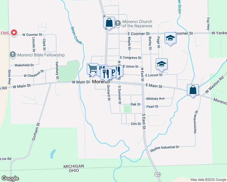 map of restaurants, bars, coffee shops, grocery stores, and more near 115 West Lagrange Street in Morenci