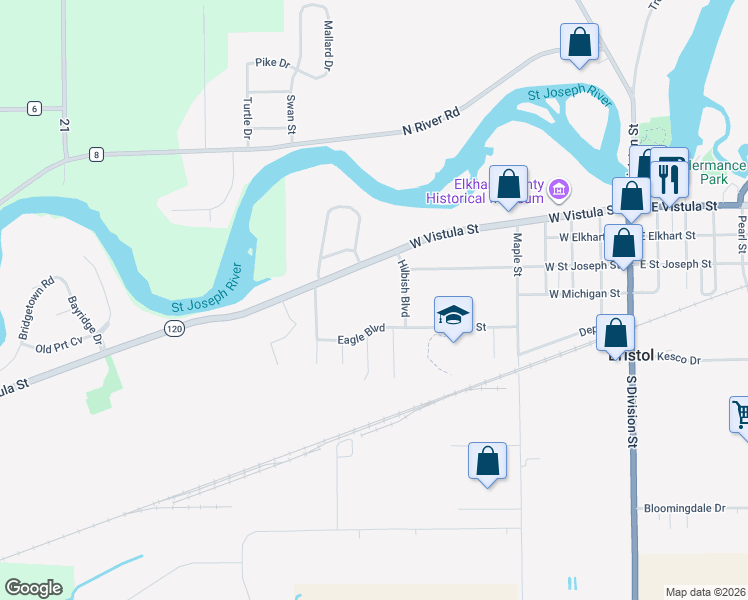 map of restaurants, bars, coffee shops, grocery stores, and more near 986-1050 Eagle Boulevard in Bristol