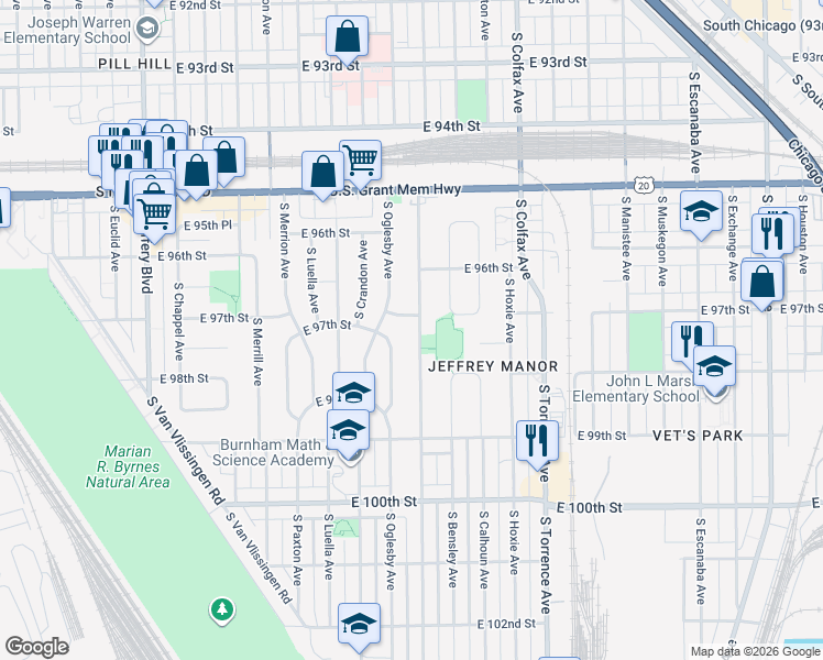 map of restaurants, bars, coffee shops, grocery stores, and more near 9723 South Oglesby Avenue in Chicago