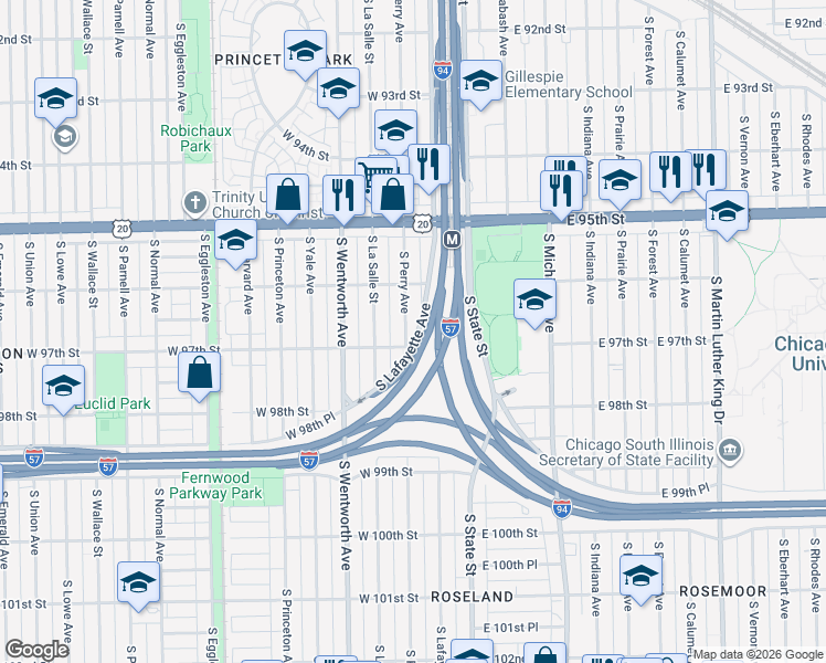 map of restaurants, bars, coffee shops, grocery stores, and more near 9653 South Perry Avenue in Chicago