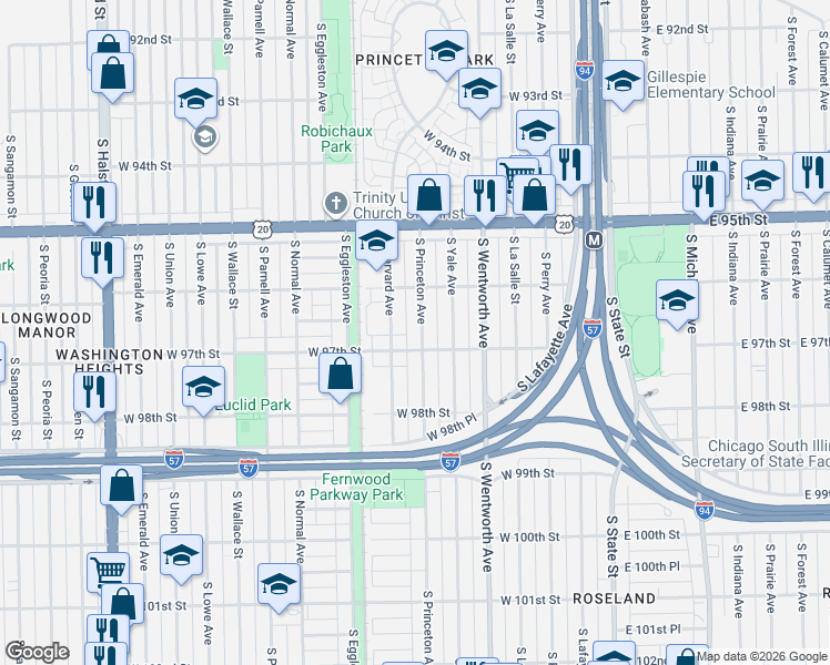 map of restaurants, bars, coffee shops, grocery stores, and more near 9656 South Princeton Avenue in Chicago