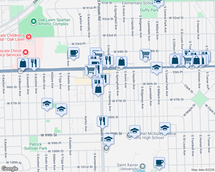 map of restaurants, bars, coffee shops, grocery stores, and more near 9627 South Harding Avenue in Evergreen Park