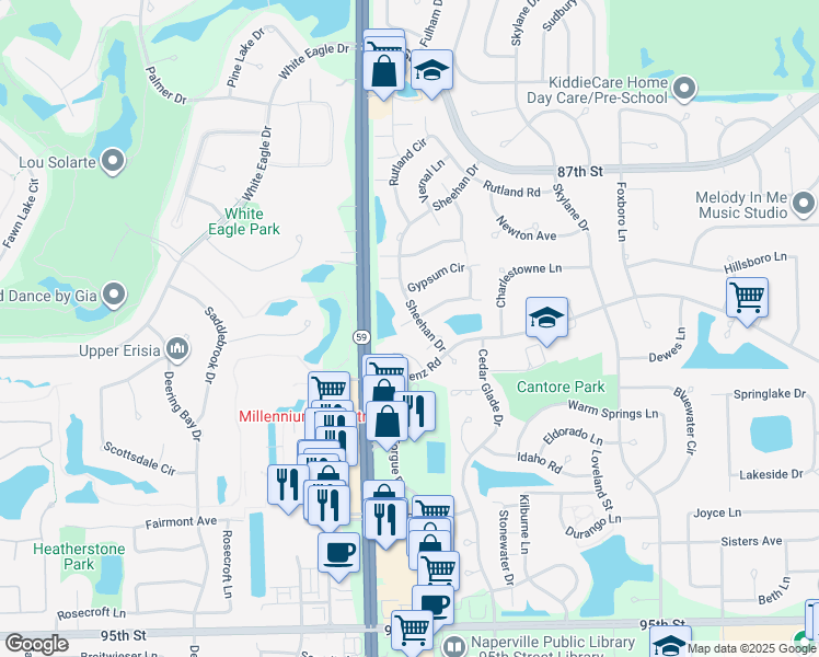 map of restaurants, bars, coffee shops, grocery stores, and more near 2911 Bartlett Court in Naperville