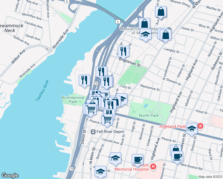 map of restaurants, bars, coffee shops, grocery stores, and more near 62 Almy Street in Fall River