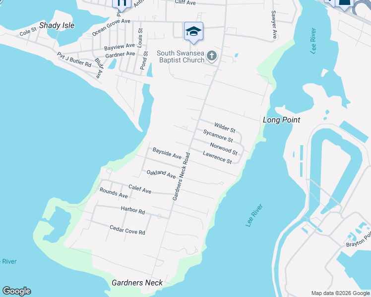 map of restaurants, bars, coffee shops, grocery stores, and more near 1205 Gardners Neck Road in Swansea